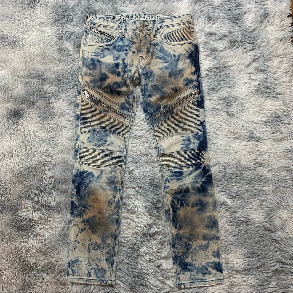 Rock Revival Moto Daviday Jeans Blue Acid Wash Stretch Pants